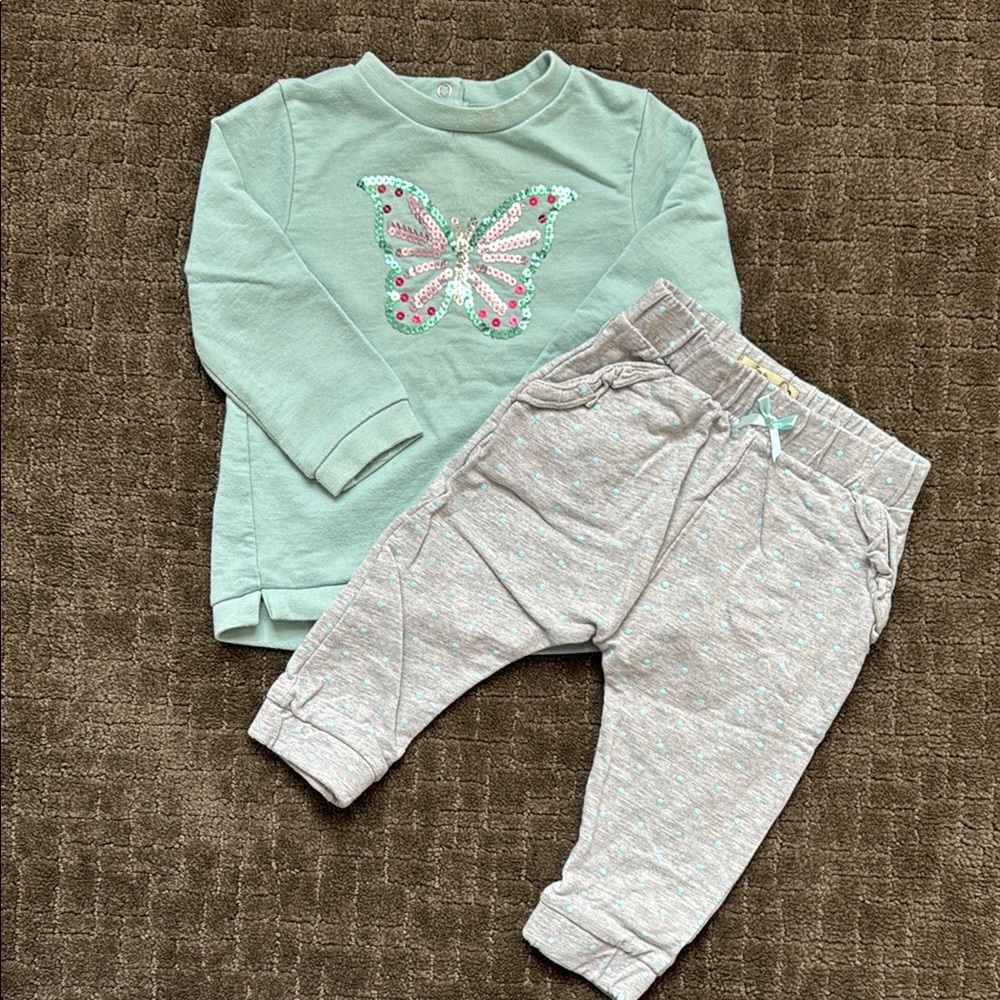 Mint Green Butterfly Sweatshirt and Gray Joggers Set